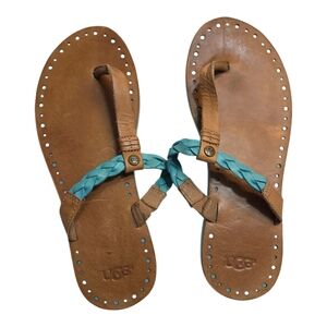 UGG Audra Size 8 Teal & Tan Braided Leather Thong Flat Sandals‎ Flip Flops Women